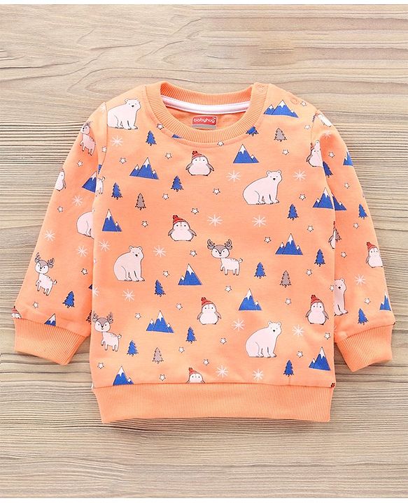 Babyhug Full Sleeves T-Shirt & Joggers Set Polar Bear & Reindeer Print - Orange