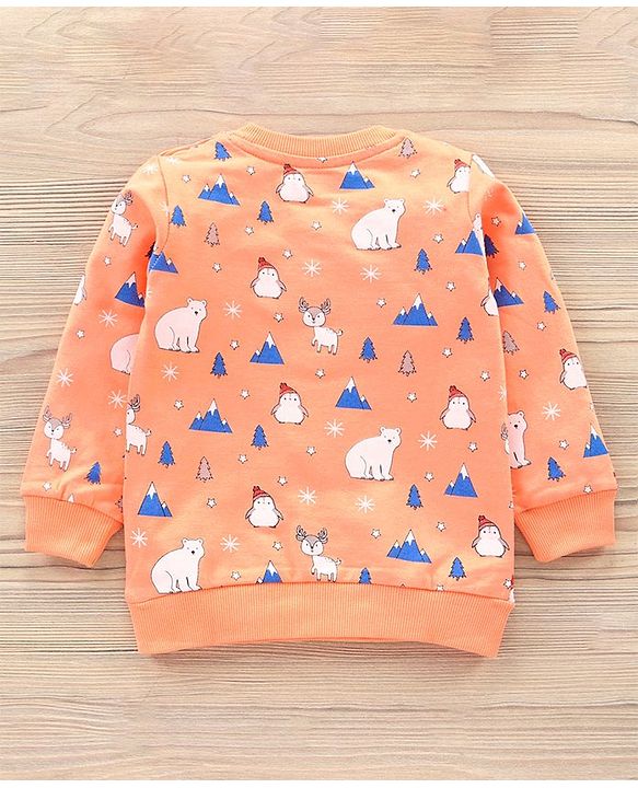 Babyhug Full Sleeves T-Shirt & Joggers Set Polar Bear & Reindeer Print - Orange