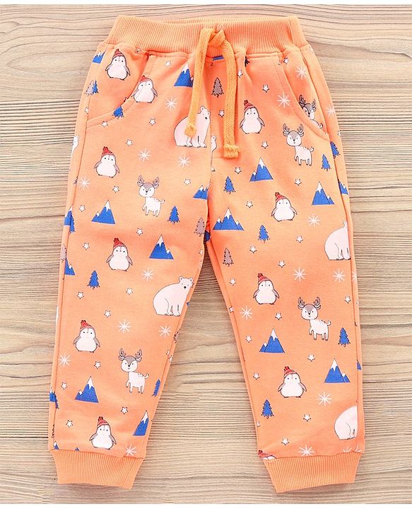 Babyhug Full Sleeves T-Shirt & Joggers Set Polar Bear & Reindeer Print - Orange
