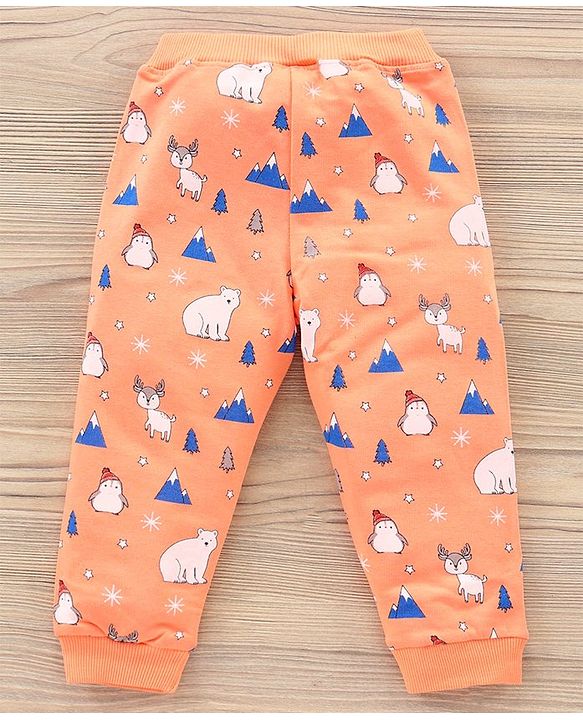 Babyhug Full Sleeves T-Shirt & Joggers Set Polar Bear & Reindeer Print - Orange