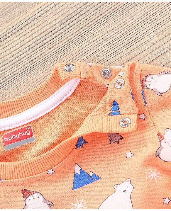 Babyhug Full Sleeves T-Shirt & Joggers Set Polar Bear & Reindeer Print - Orange