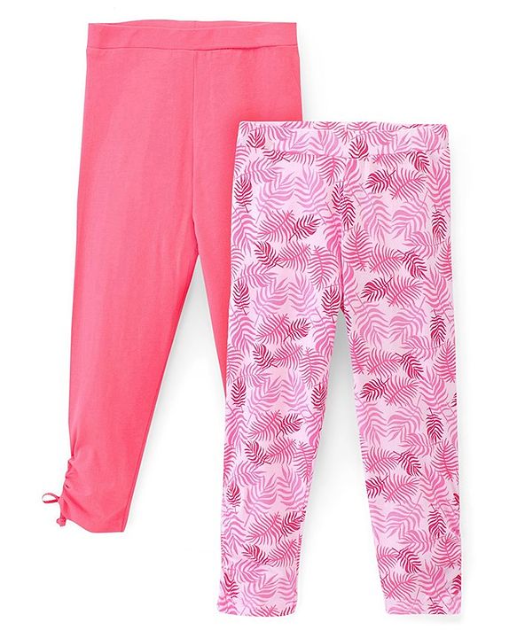 Pine Kids Ankle Length Biowashed Cotton Stretchable Leggings Solid & Leaf Print Pack Of 2 - Pink