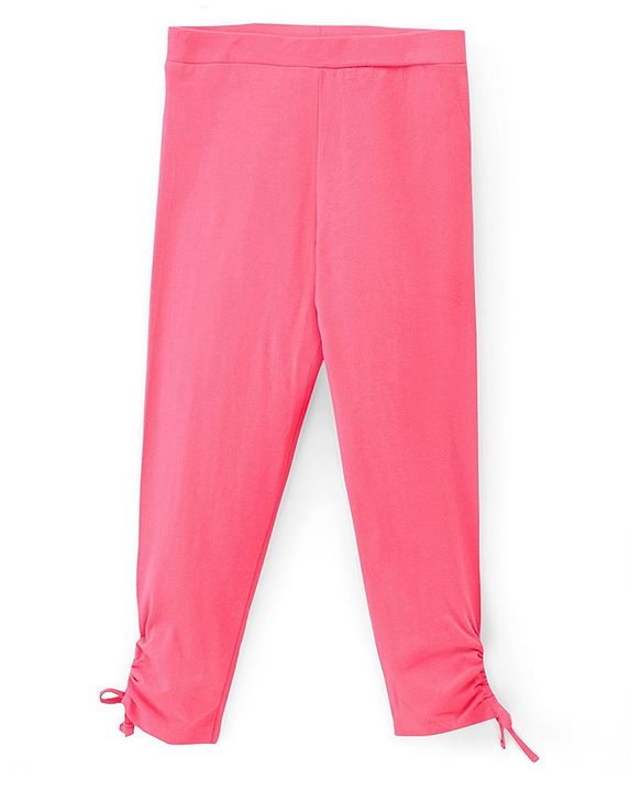 Pine Kids Ankle Length Biowashed Cotton Stretchable Leggings Solid & Leaf Print Pack Of 2 - Pink
