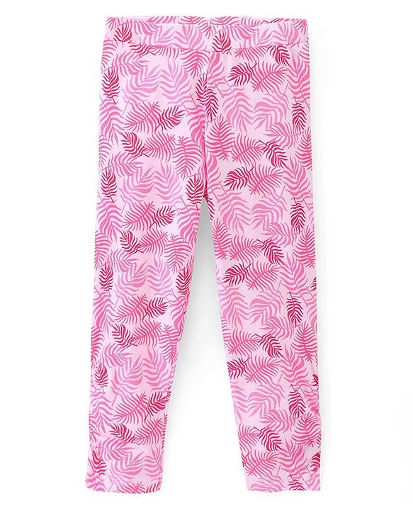 Pine Kids Ankle Length Biowashed Cotton Stretchable Leggings Solid & Leaf Print Pack Of 2 - Pink