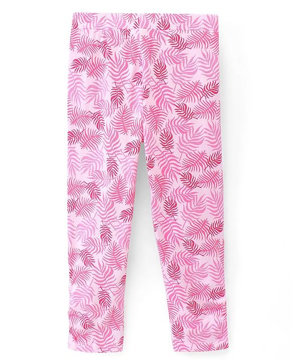 Pine Kids Ankle Length Biowashed Cotton Stretchable Leggings Solid & Leaf Print Pack Of 2 - Pink