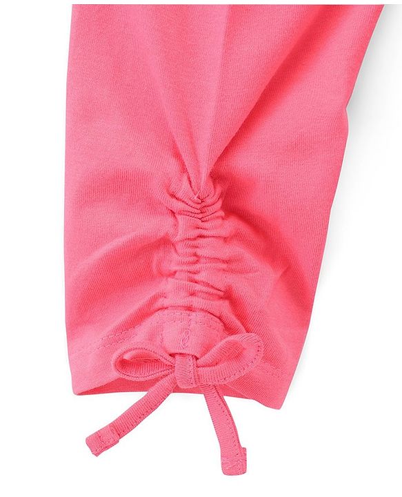 Pine Kids Ankle Length Biowashed Cotton Stretchable Leggings Solid & Leaf Print Pack Of 2 - Pink