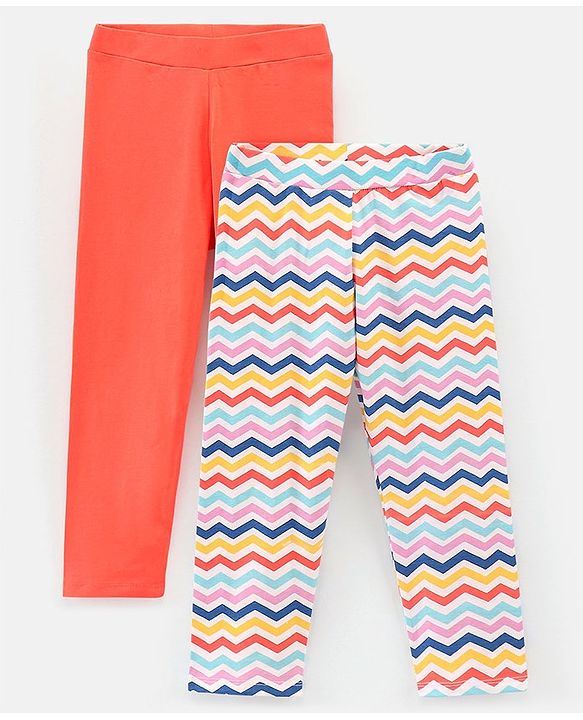 Pine Kids Knit Three Fourth Leggings Biowash With Striped Print and Solid Pack of 2 - Coral & White