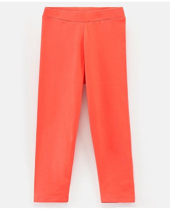 Pine Kids Knit Three Fourth Leggings Biowash With Striped Print and Solid Pack of 2 - Coral & White
