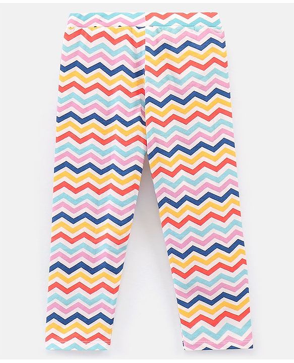 Pine Kids Knit Three Fourth Leggings Biowash With Striped Print and Solid Pack of 2 - Coral & White