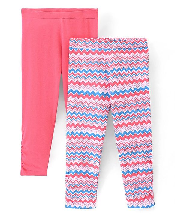 Pine Kids Ankle Length Biowashed Cotton Stretchable Leggings Solid & Striped Pack Of 2 - Pink