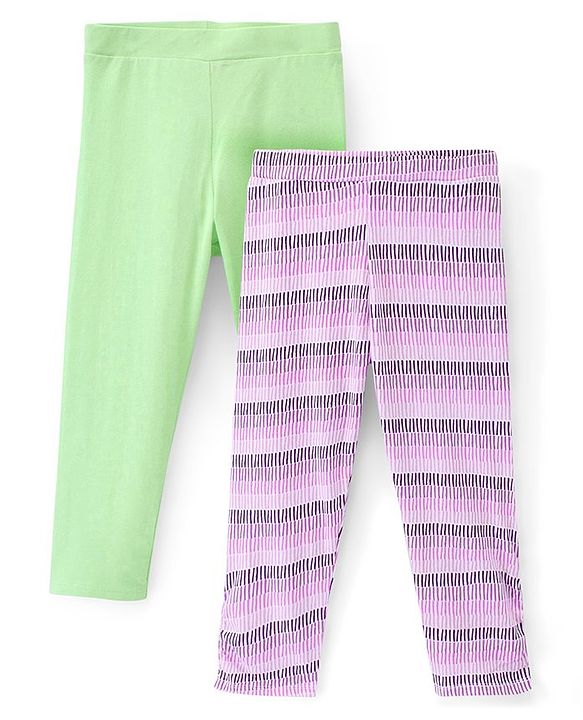 Pine Kids Ankle Length Biowashed Cotton Stretchable Leggings Solid & Striped Pack Of 2 - Multicolor