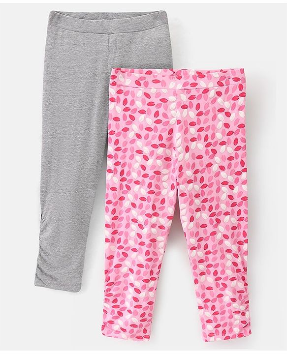 Pine Kids Ankle Length Biowashed Cotton Stretchable Leggings Solid & Leaf Print Pack Of 2 - Pink Grey