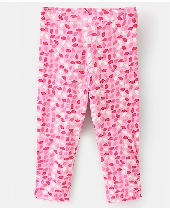 Pine Kids Ankle Length Biowashed Cotton Stretchable Leggings Solid & Leaf Print Pack Of 2 - Pink Grey
