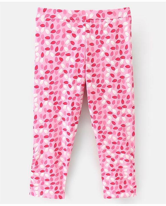 Pine Kids Ankle Length Biowashed Cotton Stretchable Leggings Solid & Leaf Print Pack Of 2 - Pink Grey