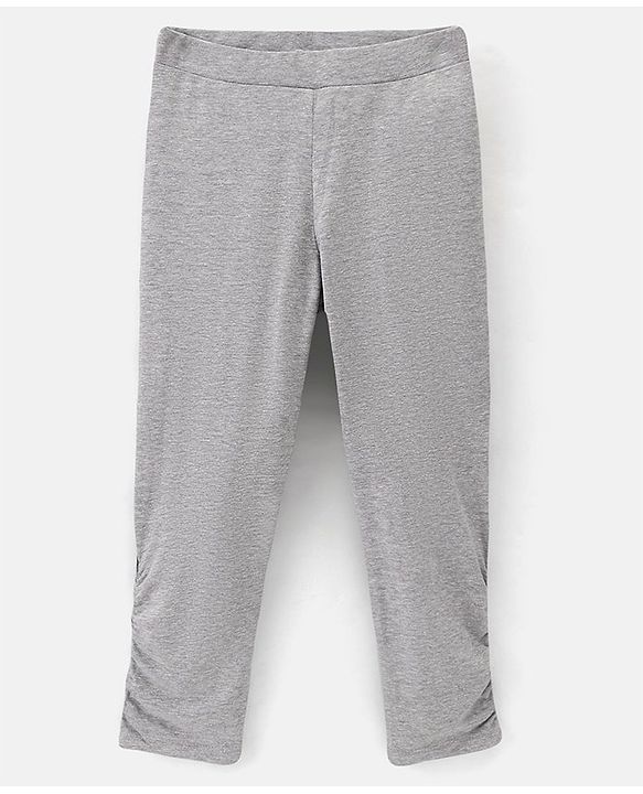 Pine Kids Ankle Length Biowashed Cotton Stretchable Leggings Solid & Leaf Print Pack Of 2 - Pink Grey