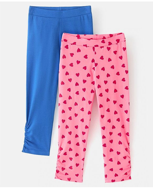 Pine Kids Three Fourth Length Biowashed Cotton Stretchable Leggings Solid & Heart Print Pack Of 2 - Pink Blue