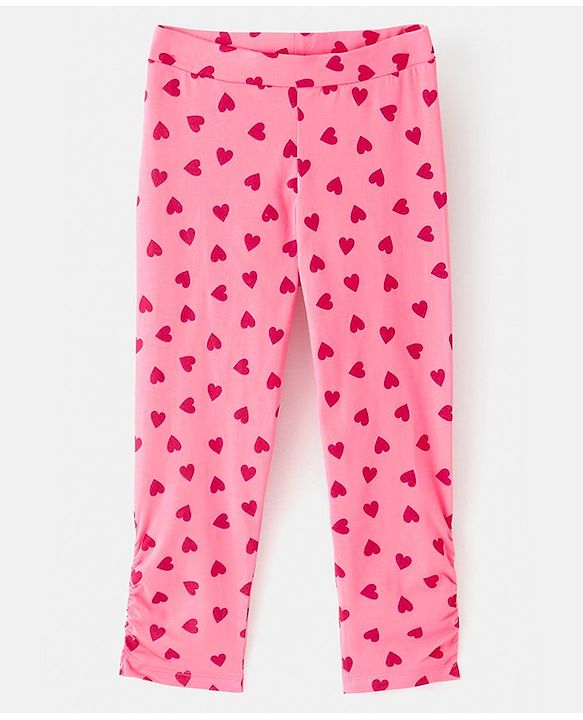 Pine Kids Three Fourth Length Biowashed Cotton Stretchable Leggings Solid & Heart Print Pack Of 2 - Pink Blue