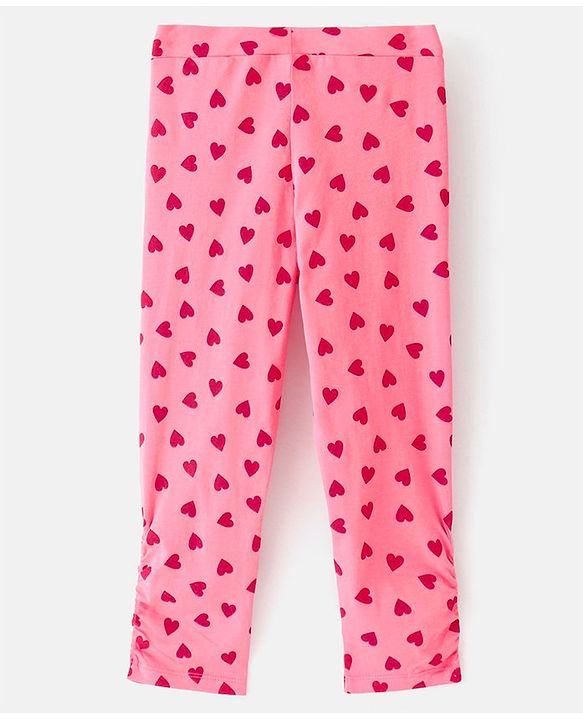 Pine Kids Three Fourth Length Biowashed Cotton Stretchable Leggings Solid & Heart Print Pack Of 2 - Pink Blue