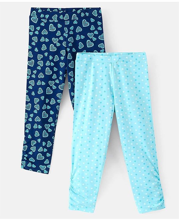 Pine Kids Knit Three Fourth Biowashed Stretchable Leggings Polka Dot & Heart Print Pack of 2- Blue