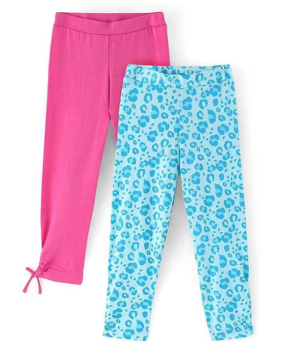 Pine Kids Knit Three Fourth Biowashed Leggings All Over Print And Solid Pack of 2 - Blue Pink