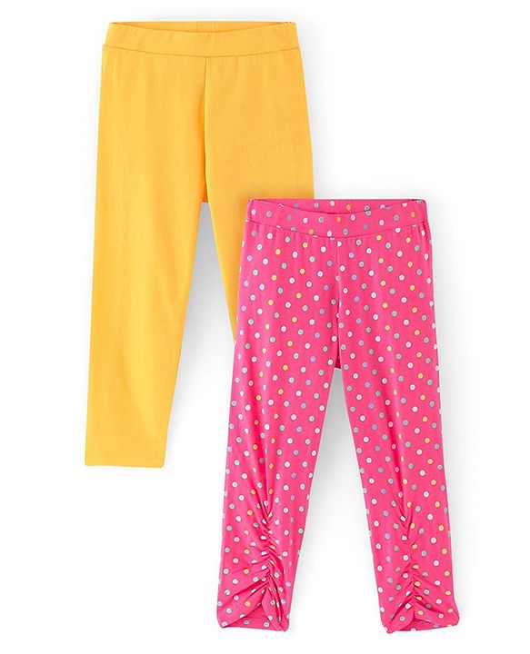 Pine Kids Knit Three Fourth Biowashed Leggings Polka Dot Print And Solid Pack of 2 - Pink Yellow