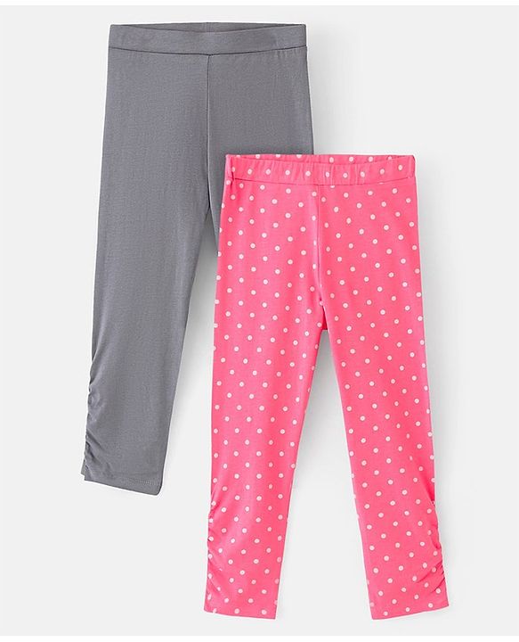 Pine Kids Knit Three Fourth Biowashed Leggings Polka Dot Print And Solid Pack of 2 - Grey Pink