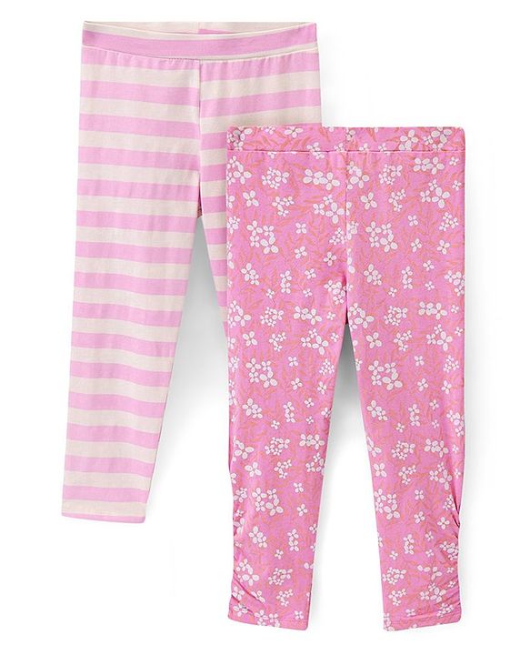Pine Kids Three Fourth Length Biowashed Cotton Stretchable Leggings Striped & Floral Print Pack Of 2 - Pink