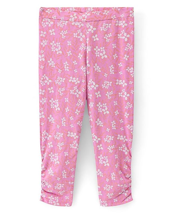 Pine Kids Three Fourth Length Biowashed Cotton Stretchable Leggings Striped & Floral Print Pack Of 2 - Pink