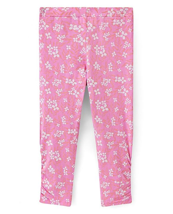Pine Kids Three Fourth Length Biowashed Cotton Stretchable Leggings Striped & Floral Print Pack Of 2 - Pink