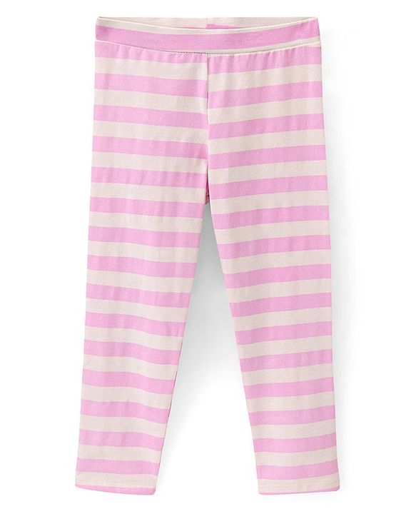 Pine Kids Three Fourth Length Biowashed Cotton Stretchable Leggings Striped & Floral Print Pack Of 2 - Pink