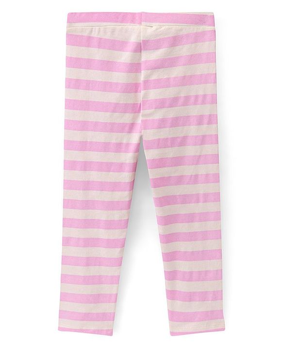 Pine Kids Three Fourth Length Biowashed Cotton Stretchable Leggings Striped & Floral Print Pack Of 2 - Pink