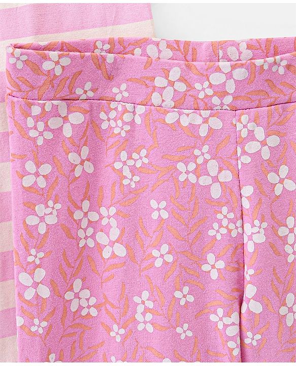 Pine Kids Three Fourth Length Biowashed Cotton Stretchable Leggings Striped & Floral Print Pack Of 2 - Pink