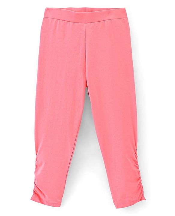 Pine Kids Three Fourth Biowashed Cotton Stretchable Leggings Solid & Striped Print - Rose White