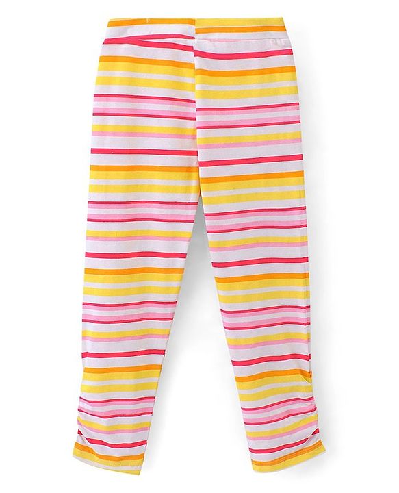 Pine Kids Three Fourth Biowashed Cotton Stretchable Leggings Solid & Striped Print - Rose White
