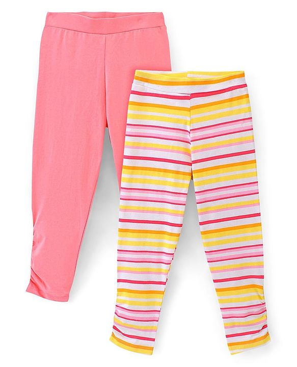 Pine Kids Three Fourth Biowashed Cotton Stretchable Leggings Solid & Striped Print - Rose White