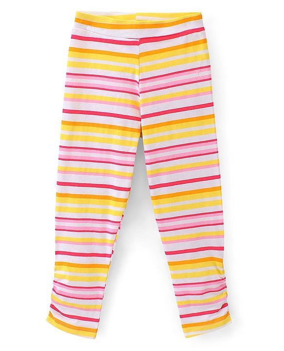 Pine Kids Three Fourth Biowashed Cotton Stretchable Leggings Solid & Striped Print - Rose White