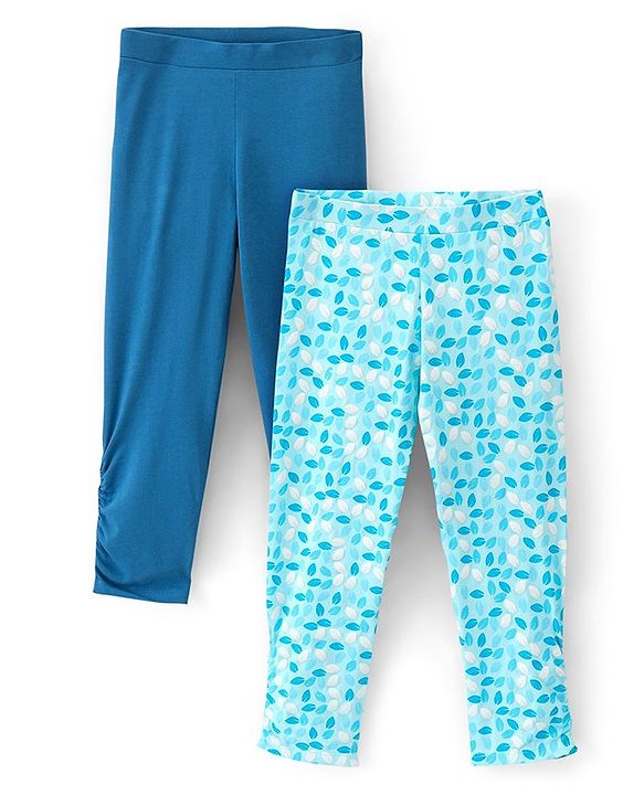 Pine Kids Three Fourth Length Biowashed Cotton Stretchable Leggings Solid & Leaf Print Pack Of 2 - Blue