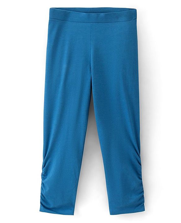 Pine Kids Three Fourth Length Biowashed Cotton Stretchable Leggings Solid & Leaf Print Pack Of 2 - Blue