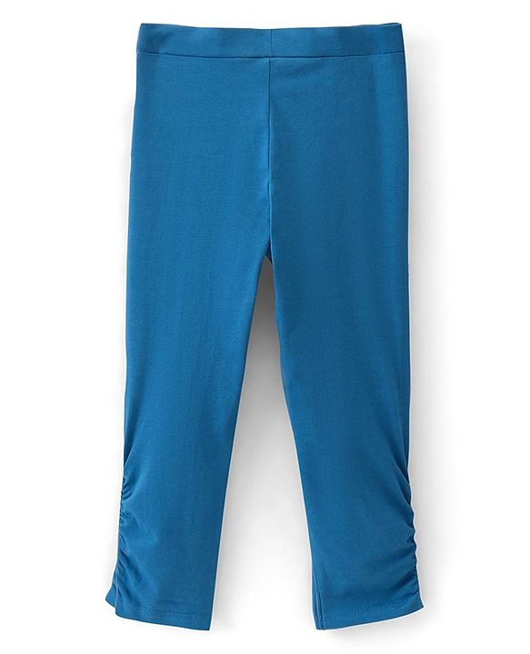 Pine Kids Three Fourth Length Biowashed Cotton Stretchable Leggings Solid & Leaf Print Pack Of 2 - Blue
