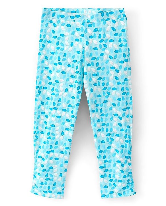 Pine Kids Three Fourth Length Biowashed Cotton Stretchable Leggings Solid & Leaf Print Pack Of 2 - Blue