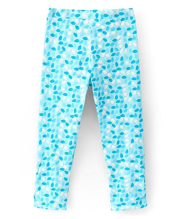 Pine Kids Three Fourth Length Biowashed Cotton Stretchable Leggings Solid & Leaf Print Pack Of 2 - Blue
