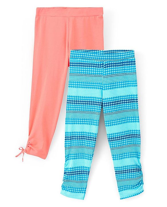 Pine Kids Three Fourth Length Cotton Biowashed Stretchable Leggings Striped & Solid Pack Of 2 - Blue Orange
