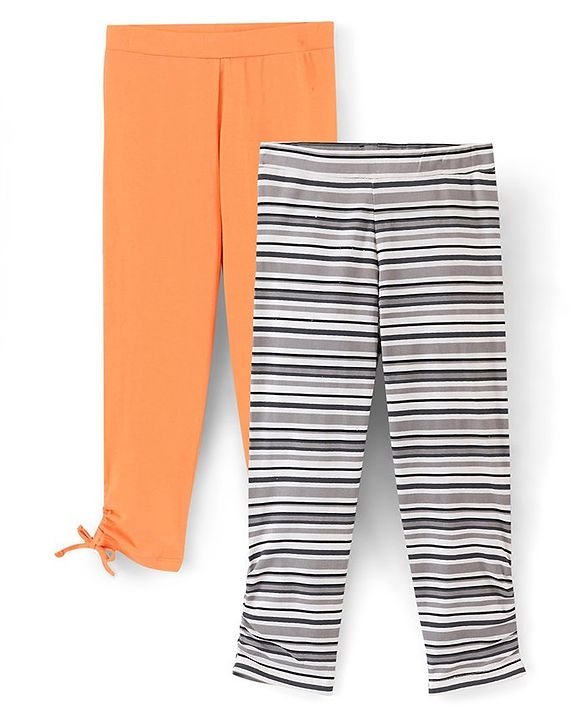 Pine Kids Three Fourth Stretchable Leggings Biowash with Stripe Print & Solid Pack of 2 - Orange White