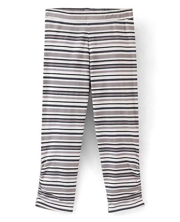 Pine Kids Three Fourth Stretchable Leggings Biowash with Stripe Print & Solid Pack of 2 - Orange White