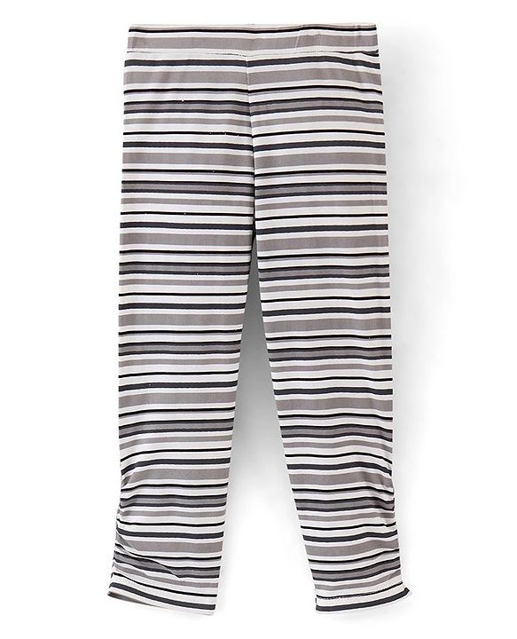 Pine Kids Three Fourth Stretchable Leggings Biowash with Stripe Print & Solid Pack of 2 - Orange White