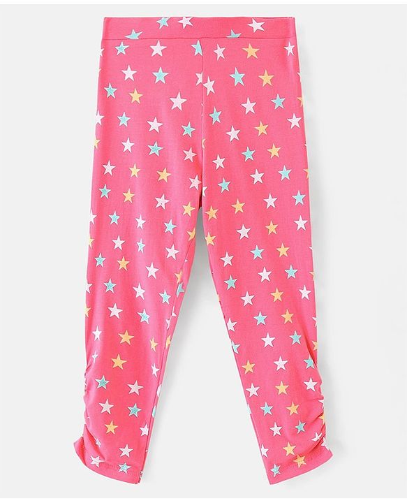 Pine Kids Three Fourth Stretchable Leggings Biowash With Stripe & Star Print Pack Of 2 - Pink White