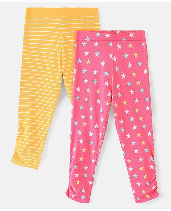Pine Kids Three Fourth Stretchable Leggings Biowash With Stripe & Star Print Pack Of 2 - Pink White