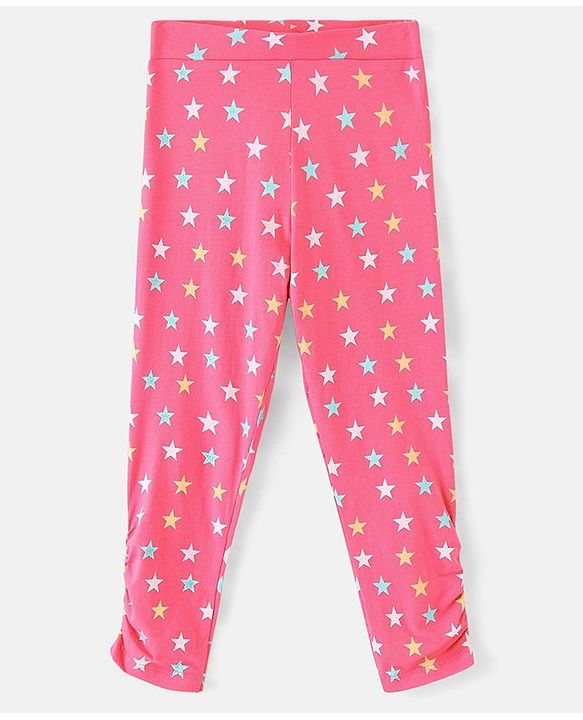 Pine Kids Three Fourth Stretchable Leggings Biowash With Stripe & Star Print Pack Of 2 - Pink White