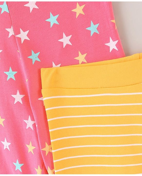 Pine Kids Three Fourth Stretchable Leggings Biowash With Stripe & Star Print Pack Of 2 - Pink White