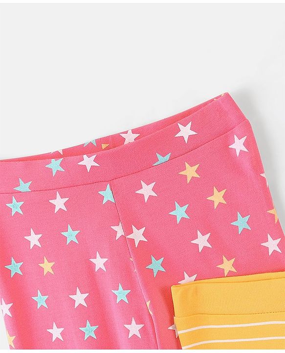 Pine Kids Three Fourth Stretchable Leggings Biowash With Stripe & Star Print Pack Of 2 - Pink White